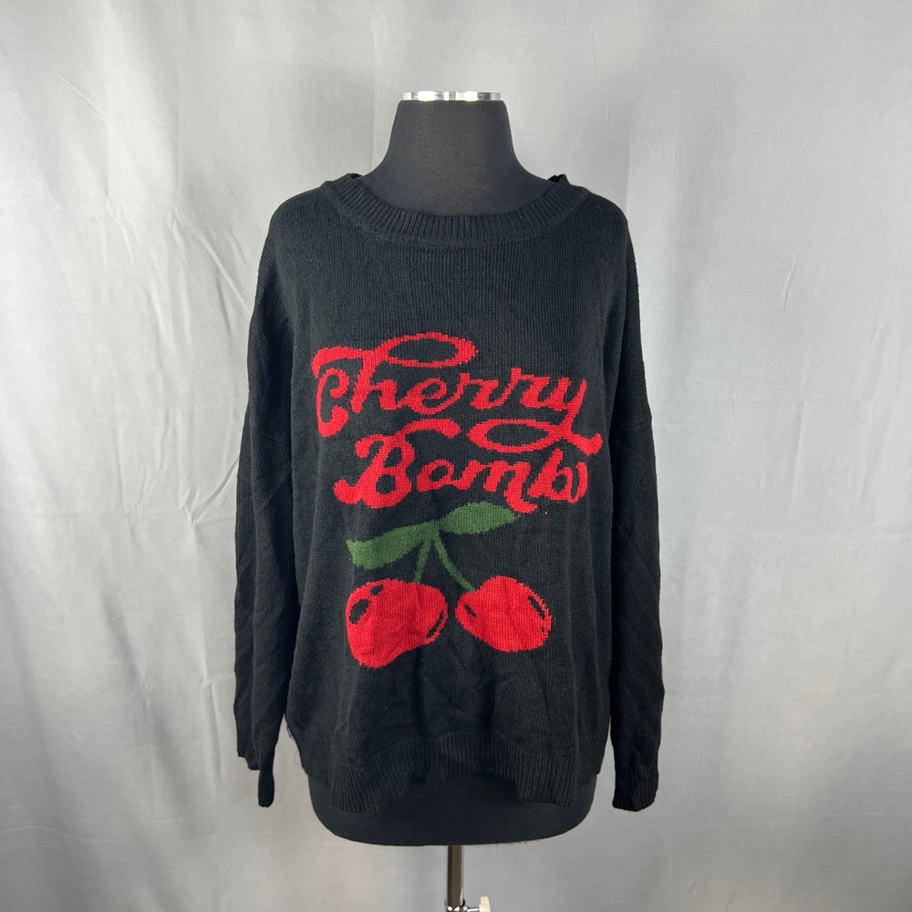 Romwe Kawaii Sweater Women 1XL Black Valentines Day Cherry Bomb Ribbed Knit Warm